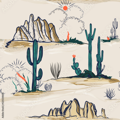 Arizona vector artwork,  Seamless pattern vector summer cactus on desert mix with beautiful blooming succulents flower for fashion fabric and all prints on pink background.