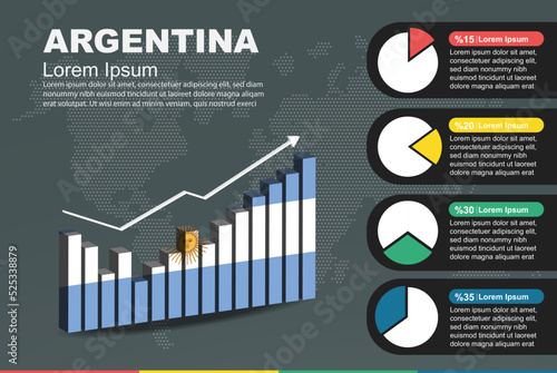 Argentina infographic with 3D bar and pie chart, increasing values, flag on 3D bar graph