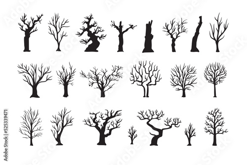 Silhouette Dead dry Tree Set. Black Tree On White Background. 
