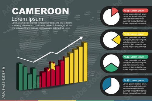 Cameroon infographic with 3D bar and pie chart, increasing values, flag on 3D bar graph