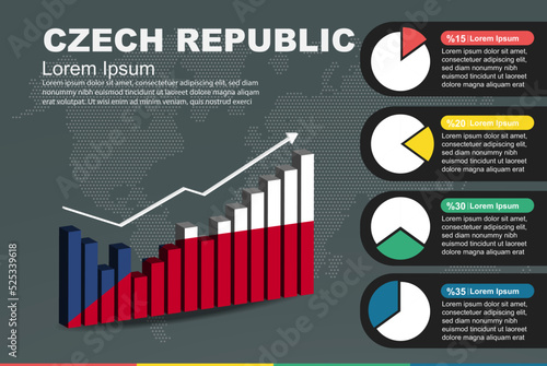 Czech Republic infographic with 3D bar and pie chart, increasing values, flag on 3D bar graph