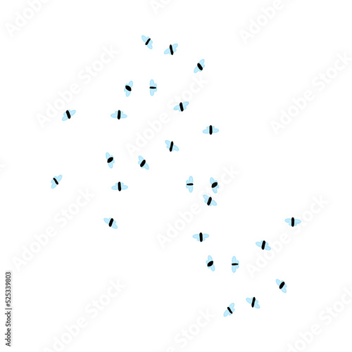 Fly isolated on white background. Many small flies flock in air. Tiny pest insects. Housefly swarm. Flying diptera, midge, gnat or mosquitoes. Stock vector illustration