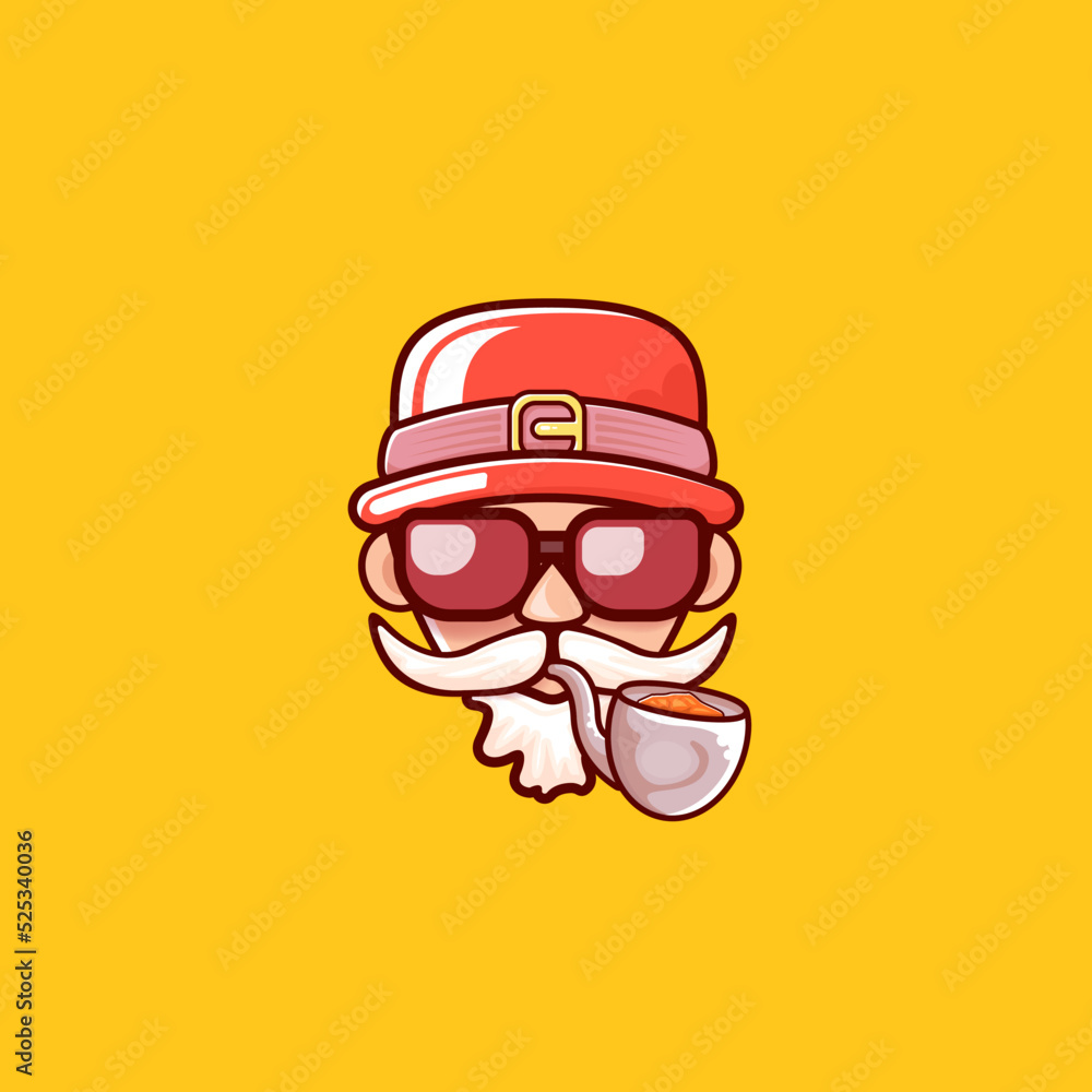 Santa Claus head with Santa red hat, smoking pipe and red hipster sunglasses isolated on orange Christmas background. Santa label or sticker design Santa Claus head with Santa red hat, smoking pipe and red hipster sunglasses isolated on orange Christmas background. Santa label or sticker design