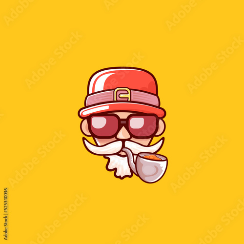 Santa Claus head with Santa red hat  smoking pipe and red hipster sunglasses isolated on orange Christmas background. Santa label or sticker design