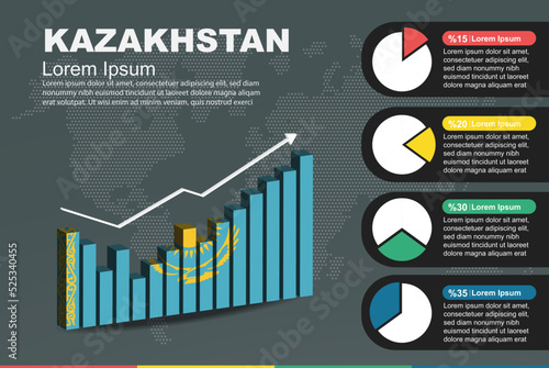 Kazakhstan infographic with 3D bar and pie chart, increasing values, flag on 3D bar graph