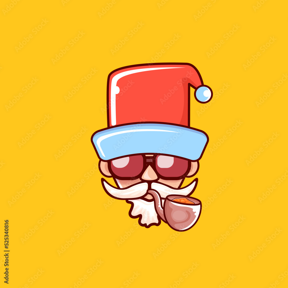 Santa Claus head with Santa red hat, smoking pipe and red hipster sunglasses isolated on orange Christmas background. Santa label or sticker design Santa Claus head with Santa red hat, smoking pipe and red hipster sunglasses isolated on orange Christmas background. Santa label or sticker design