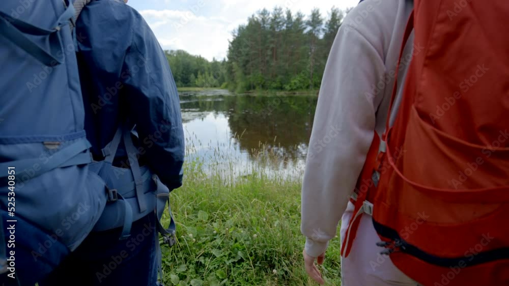 Couple of young hikers stands looking at calm overgrown forest lake. Girlfriend and boyfriend wearing casual clothes enjoy picturesque landscape Couple of young hikers stands looking at calm overgrown forest lake. Girlfriend and boyfriend wearing casual clothes enjoy picturesque landscape