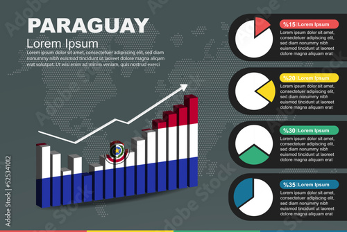 Paraguay infographic with 3D bar and pie chart, increasing values, flag on 3D bar graph
