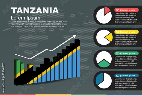 Tanzania infographic with 3D bar and pie chart, increasing values, flag on 3D bar graph