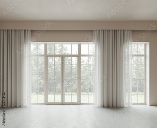 Classic empty room with glass house entrance and floor to ceiling windows. Concrete floor, beige walls and and floor-length sheer curtains. View from the window to the forest. 3d render 