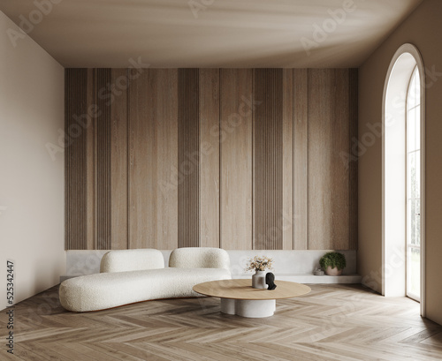 3d rendering of modern living room with 
boucle white sofas and stone table, wood panels on the wall. Wooden wall , light parquet. Arched panoramic floor to ceiling window.