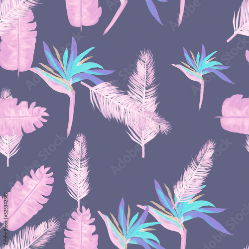 Coral Pattern Botanical. Violet Tropical Leaf. Blue Floral Palm. Purple Flora Vintage. Cobalt Decoration Texture. Indigo Wallpaper Design. Navy Spring Texture.