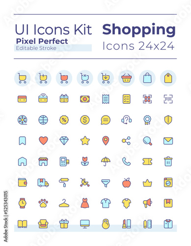 E commerce pixel perfect RGB color ui icons set. Retail shop. Purchasing experience. GUI, UX design for mobile app. Vector isolated pictograms. Editable stroke. Montserrat Bold, Light fonts used