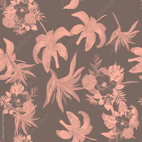 Gray Seamless Leaf. Pink Pattern Art. Brown Tropical Nature. Black Flower Vintage. Coral Watercolor Botanical. Decoration Painting. Drawing Vintage.