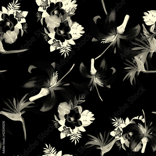 Gray Seamless Background. White Pattern Illustration. Black Tropical Texture. Flower Foliage. Wallpaper Exotic. Spring Textile. Garden Design. Floral Botanical.