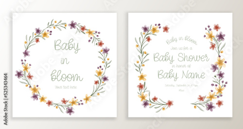 Baby Shower invitation template with watercolor floral and typographic design elements.