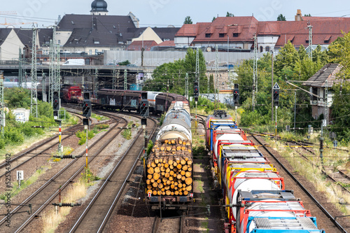 Above view of railway sorting station with many lines directions in Germany. Railroad car wooden timber logs and gas tanks logistics. Raw wood heating material transportation. Freight cargo transport photo