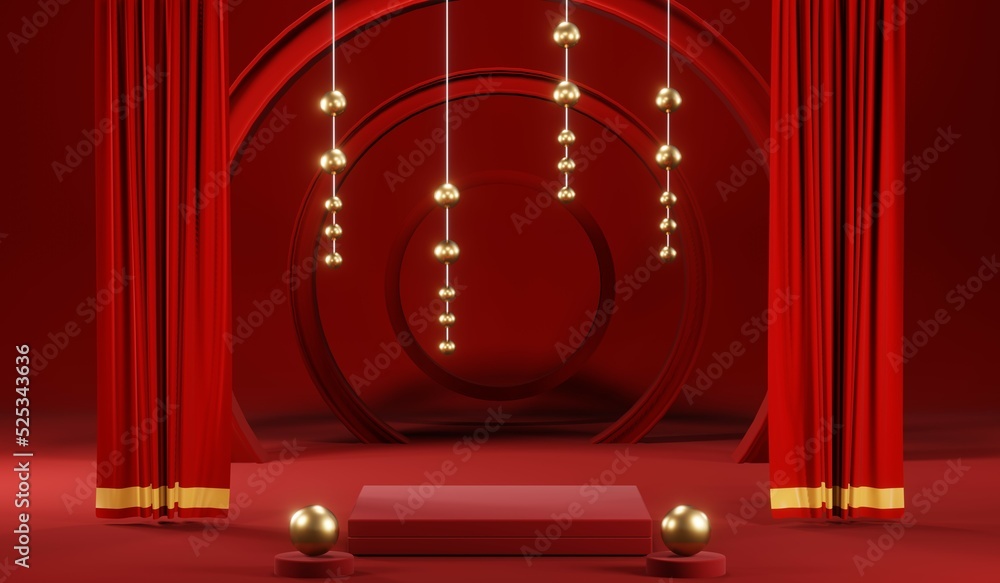 3D rendering of blank product background for cream cosmetics Modern red podium background