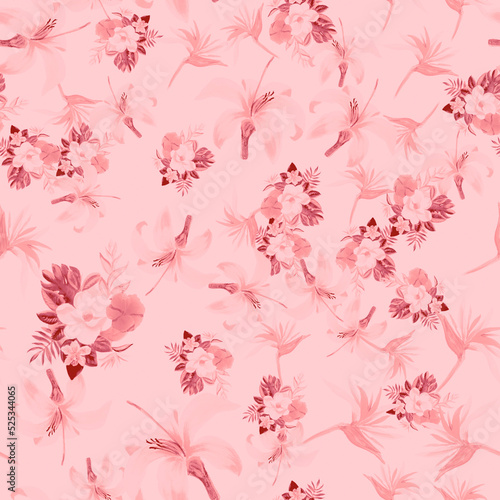 Coral Seamless Hibiscus. Gray Pattern Art. Blur Tropical Texture. Pink Flower Leaf. Brown Watercolor Art. Decoration Art. Drawing Nature.