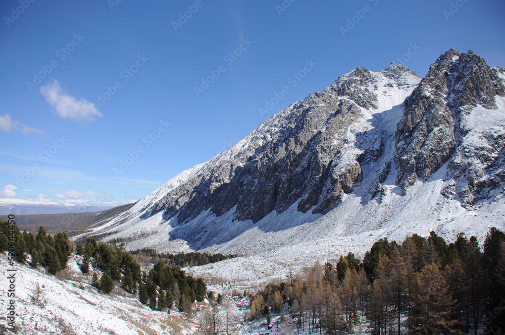 Scenic mountain landscape with snowy mountains, Aktru - one of main peaks of North Chuya Range in southeastern part of Altai Republic