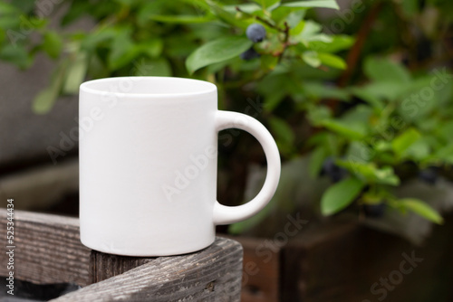 White mug in the garden.