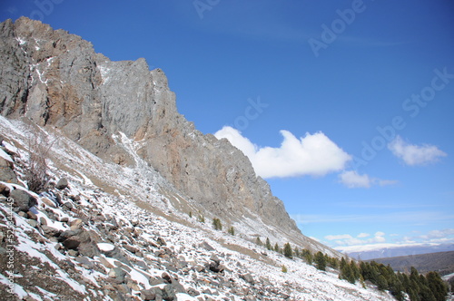 Scenic mountain landscape with snowy slopes of North Chuya Range in southeastern part of Altai 