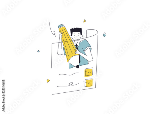 Positive business people sit while pointing at a nearby checklist marked on paper clipboard. Successfully complete business assignments. Flat vector illustration.