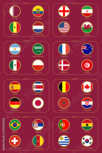 Country flags participation football world tournament 2022. Group stage of tournament in Qatar. Round icons with flags countries. Vector illustration