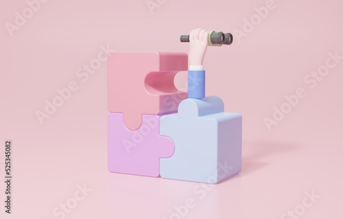 Hand holding binoculars on uncomplete jigsaw, finding missing piece to complete work concept, 3d render illustration. 