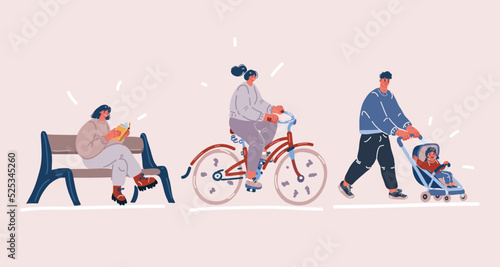 Vector illustration of People walking in the park set. Woman sitting at bench and ride bike and man with stroller baby