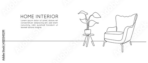 One continuous line drawing of armchair and lamp and potted plant. Modern rustic furniture for living room interior in simple linear style. Editable stroke. Doodle Vector illustration