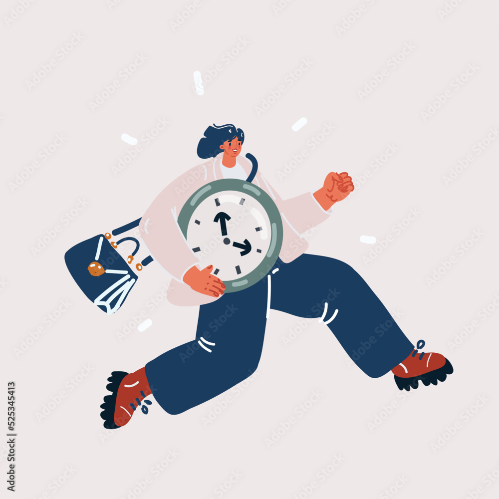 Vector illustration of woman running with the big clock in her hands. Concept lack of time. Very busy run. Vector illustration of woman running with the big clock in her hands. Concept lack of time. Very busy run.