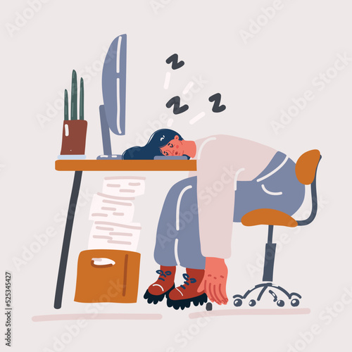 Vector illustration of Young woman sleeping in the office concept, Tired character at the desk