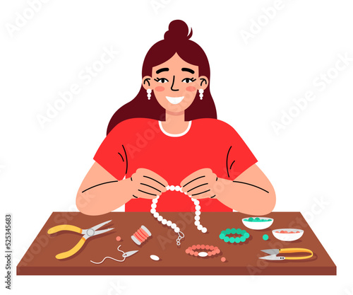 Young woman making jewelry from beads. Craft handmade hobby. Beading concept.