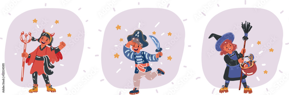 Naklejka premium Vector illustration of Happy halloween party invitation card with cute kids in witch and pirate costume. Funny kids in carnival costumes. Pirate, wich, devil