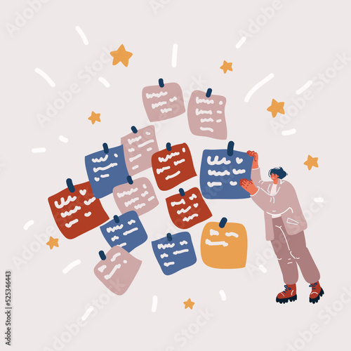 Vector illustration of Woman hold yellow sticker or sticky post-it notes