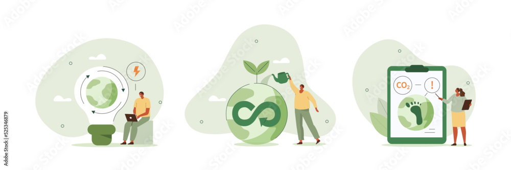 Circular economy illustration set. Sustainable economic growth strategy, recourses reuse and reduce co2 emission and climate impact. ESG, green energy and industry concept. Vector illustration. - obrazy, fototapety, plakaty 