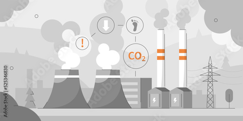 Coal factory building generating electricity for industry. Coal power station or plant environment impact and CO2 emission pollution. Climate change concept. Vector illustration.
