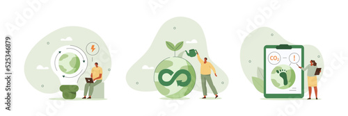 Circular economy illustration set. Sustainable economic growth strategy, recourses reuse and reduce co2 emission and climate impact. ESG, green energy and industry concept. Vector illustration.