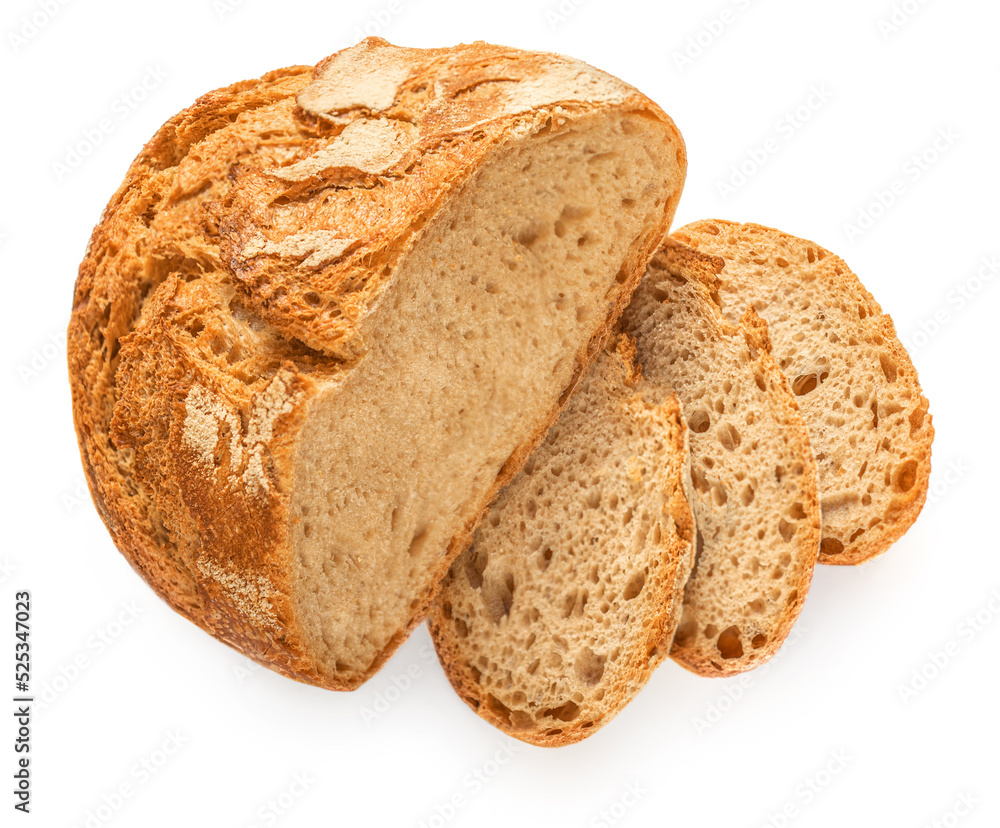  Bread loaf with  slices viewed from above isolated on white background. Top view.