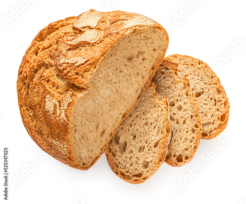  Bread loaf with slices viewed from above isolated on white background. Top view.