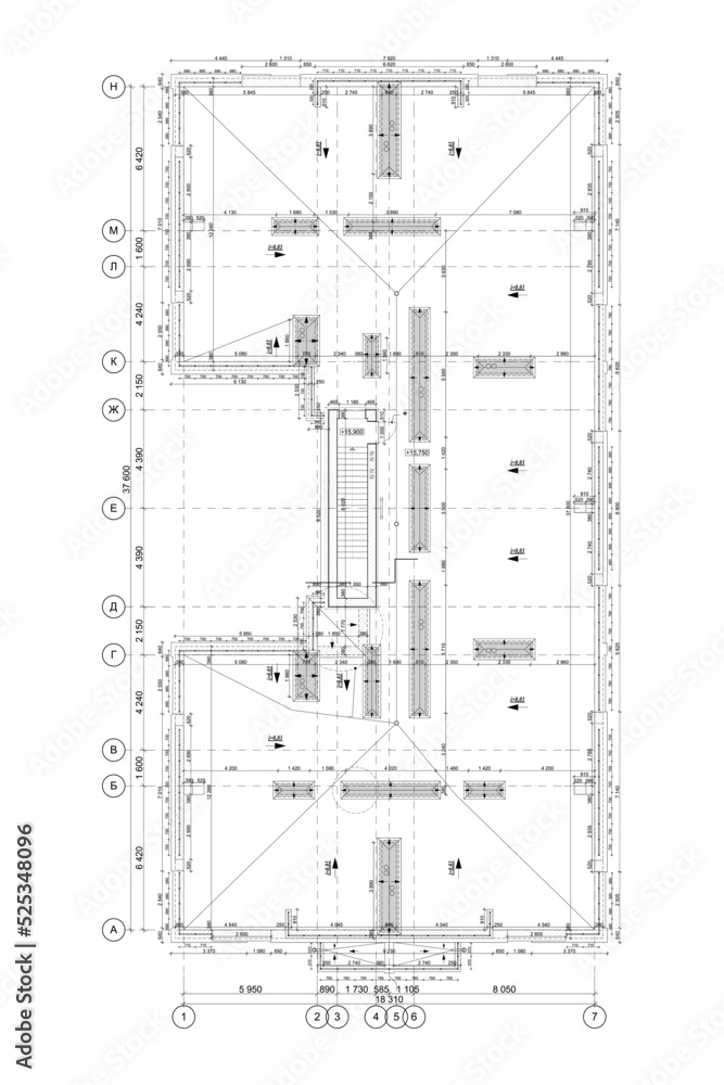 Rooftop detailed architectural drawing, vector blueprint Rooftop detailed architectural drawing, vector blueprint