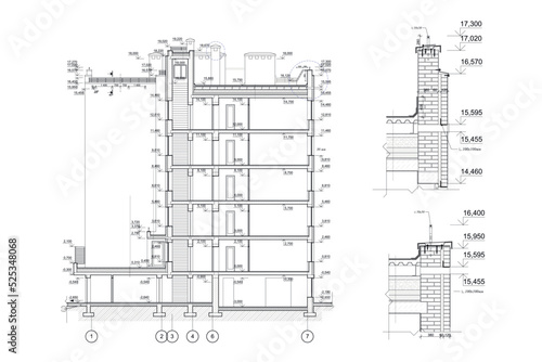 Multistory building detailed architectural technical cross section drawing, vector blueprint