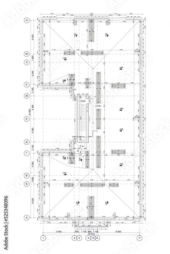 Rooftop detailed architectural drawing, vector blueprint