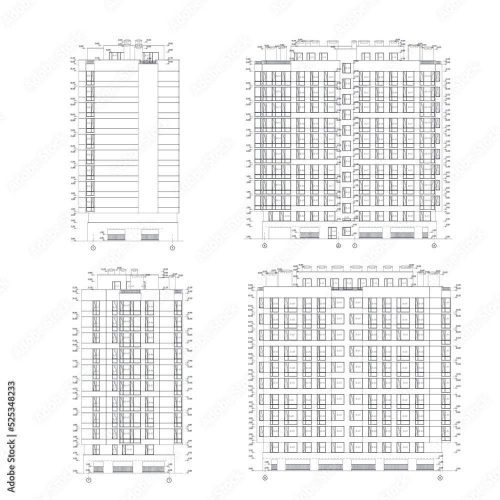 Multistory building detailed architectural technical facade drawing ...