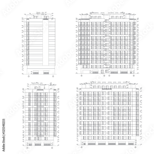 Multistory building detailed architectural technical facade drawing, vector blueprint