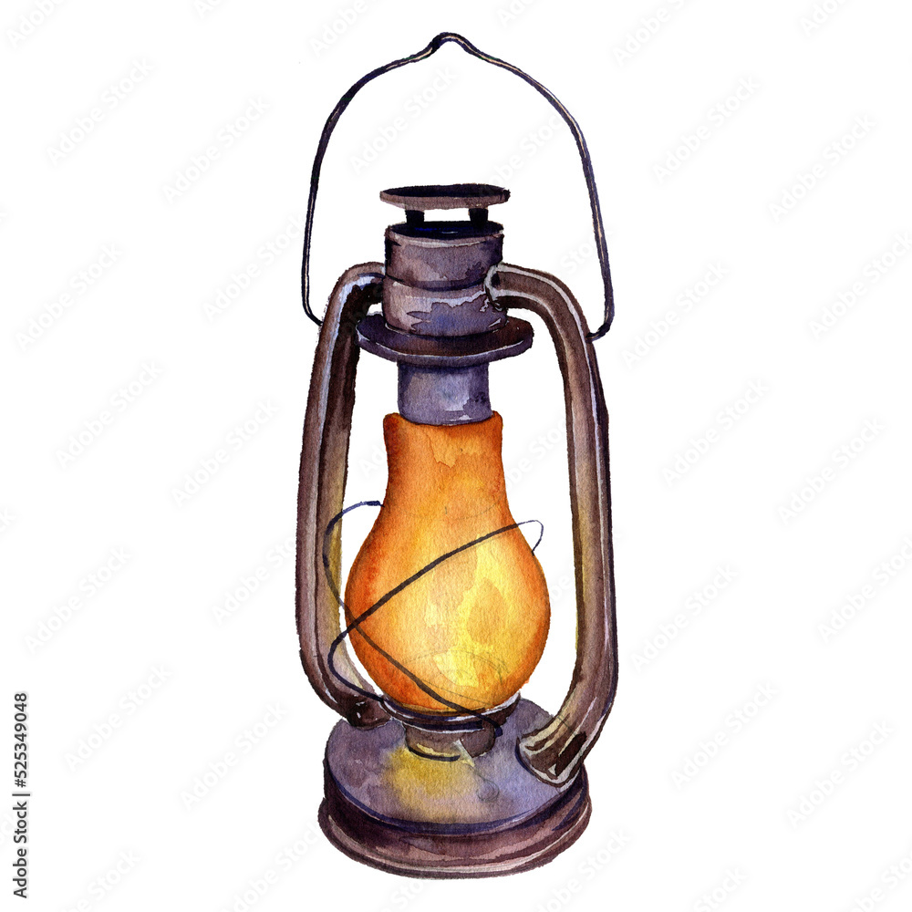 watercolor drawing kerosene lamp at white background, hand drawn illustration watercolor drawing kerosene lamp at white background, hand drawn illustration
