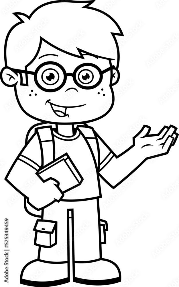 Outlined Happy School Boy Cartoon Character With Textbooks Speak. Vector Hand Drawn Illustration Isolated On Transparent Background Outlined Happy School Boy Cartoon Character With Textbooks Speak. Vector Hand Drawn Illustration Isolated On Transparent Background