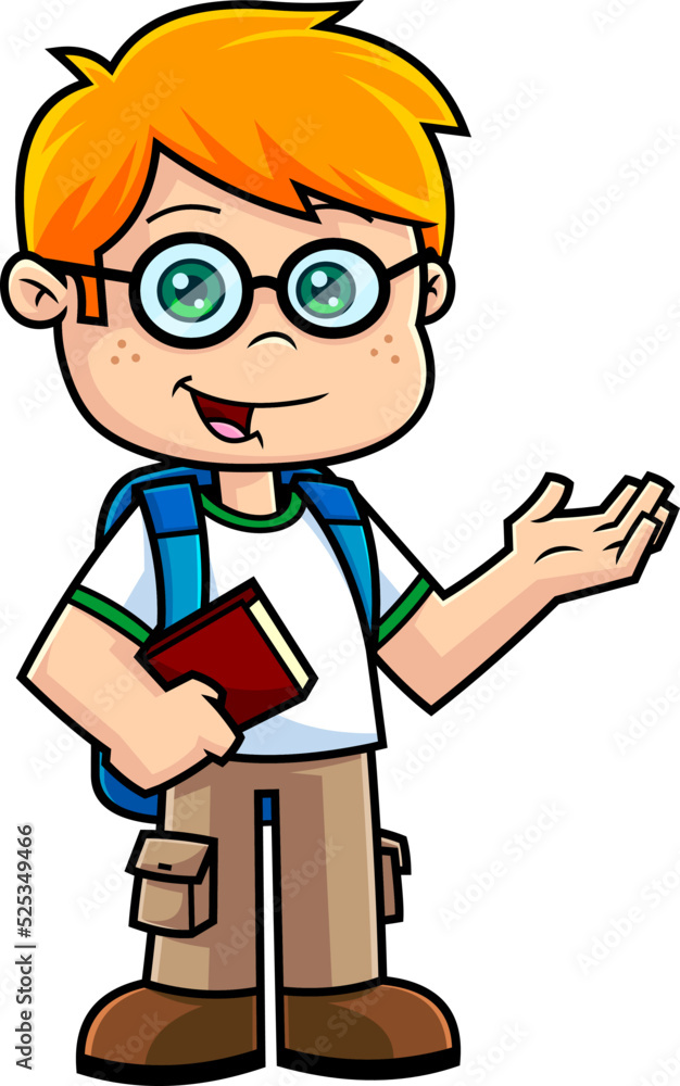 Happy School Boy Cartoon Character With Textbooks Speak. Vector Hand Drawn Illustration Isolated On Transparent Background