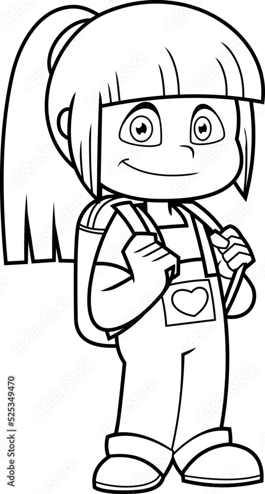 Outlined Cute School Girl Cartoon Character With Backpack Standing. Vector Hand Drawn Illustration Isolated On Transparent Background Outlined Cute School Girl Cartoon Character With Backpack Standing. Vector Hand Drawn Illustration Isolated On Transparent Background